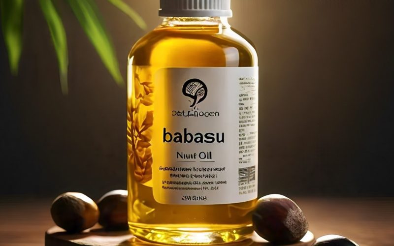 A bottle of extracted babassu oil.